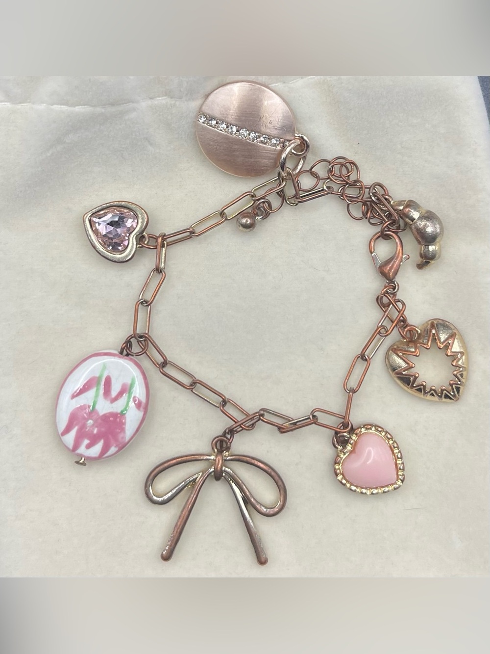 Vtg Coquette Rose Gold Pink Heart & Bow Link Chain Bracelet 7-9””